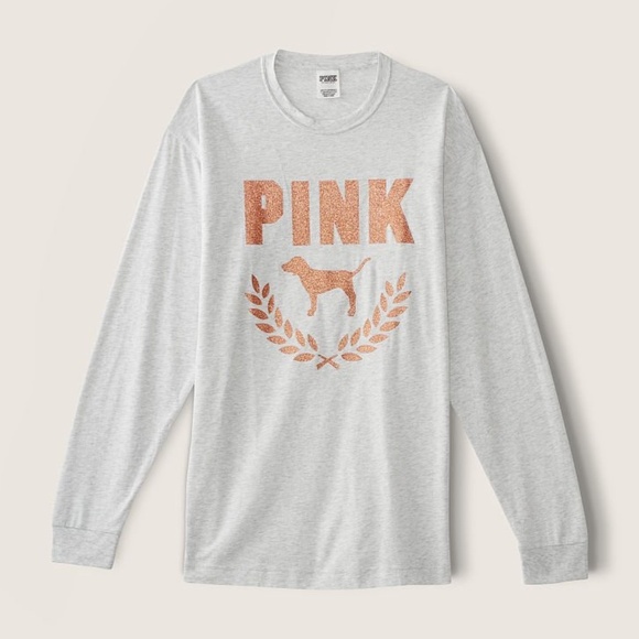 Victoria's Secret PINK Shine Long Sleeve Campus Tee Grey w Glitter Logo L NEW - Picture 5 of 5